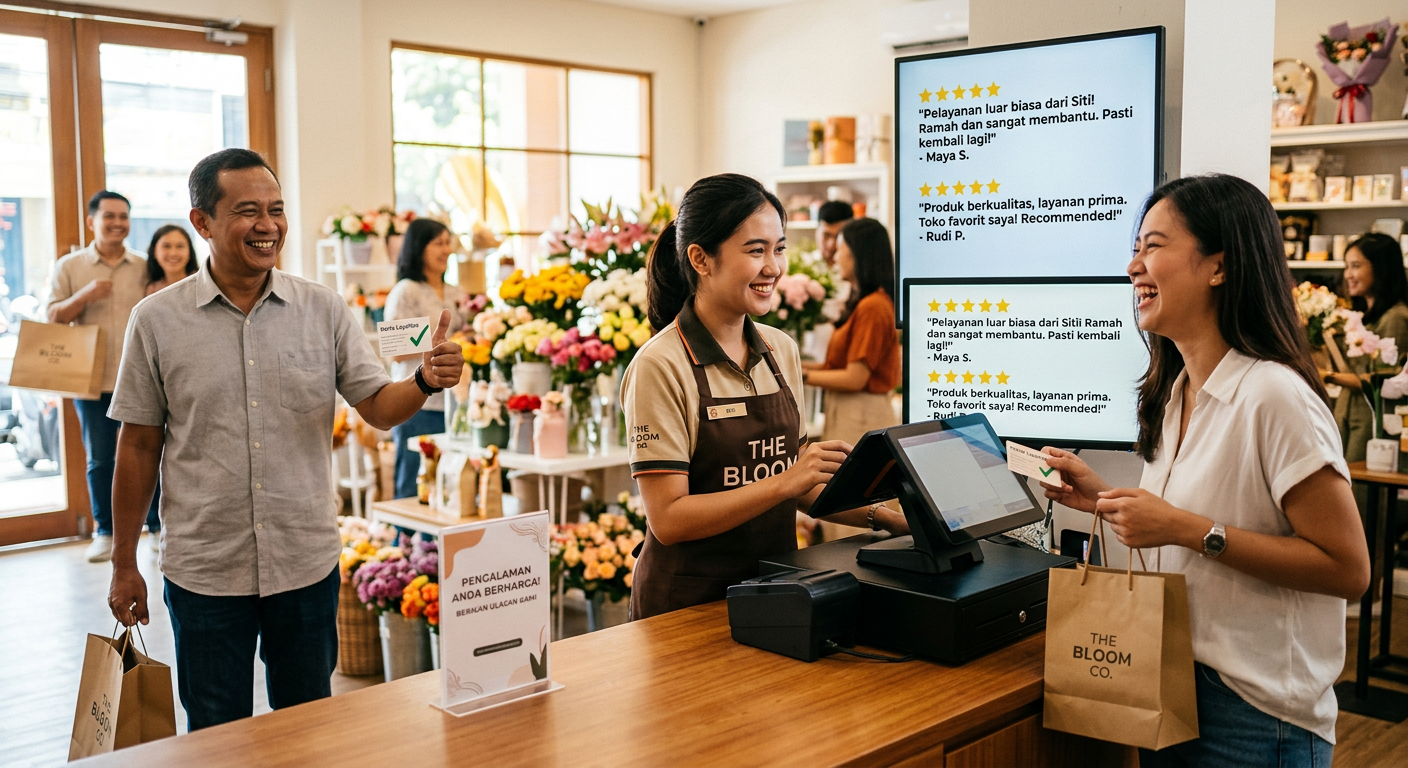 Seseorang tersenyum sambil menggunakan smartphone untuk melayani pelanggan bisnis online
