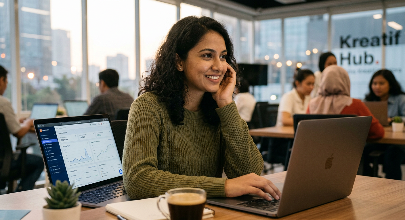Tim startup bekerja sama di depan
                          laptop membahas bisnis online
