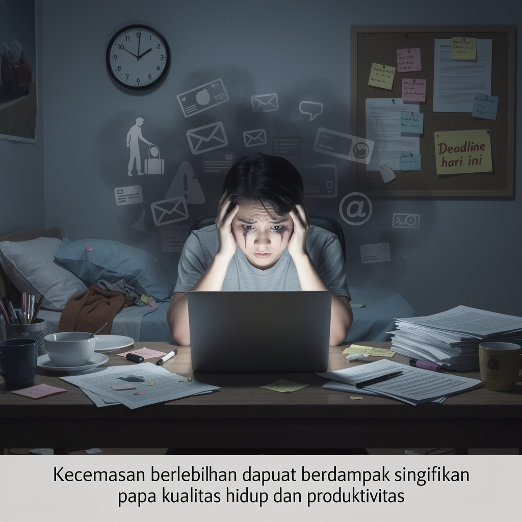 Seseorang tampak stres memegang kepala di depan
                        laptop menunjukkan tanda-tanda kecemasan
