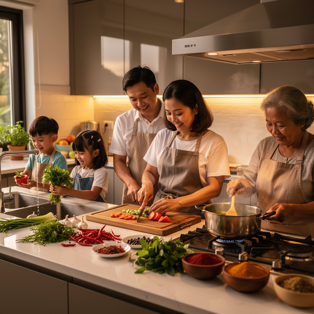 Memasak sayuran segar di dapur
                          yang bersih dan modern