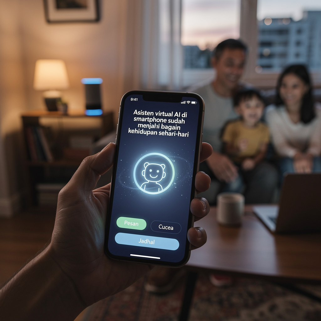 Seseorang menggunakan smartphone dengan asisten AI
                        untuk mengontrol smart home