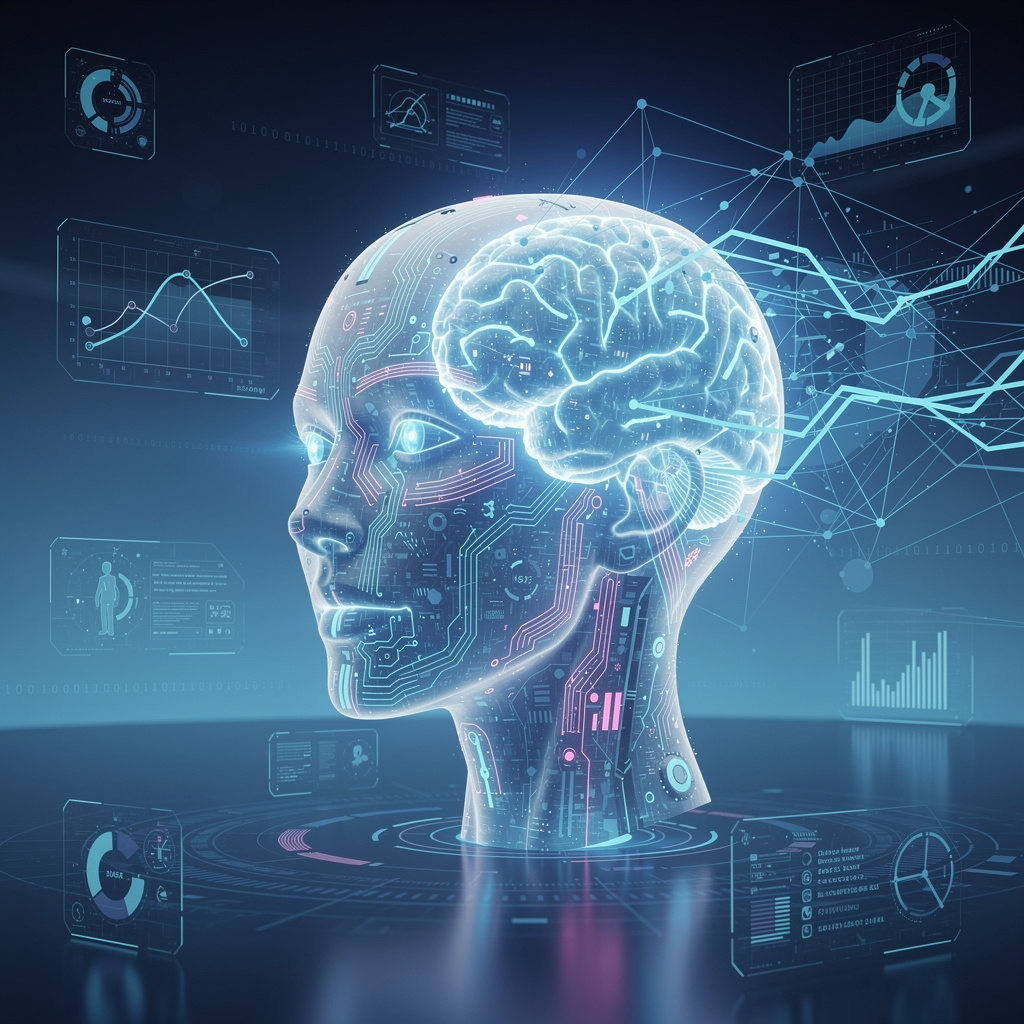 Ilustrasi teknologi kecerdasan buatan dengan jaringan neural bercahaya