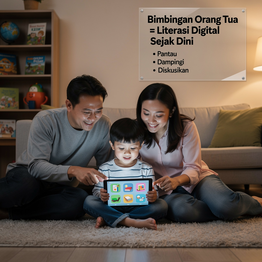 Orang tua mendampingi anak menggunakan perangkat
                        digital di rumah untuk belajar