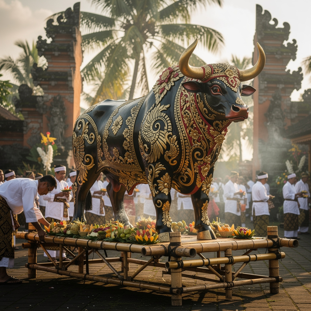 Lembu sarkofagus yang digunakan dalam upacara Ngaben
                        di Bali, diukir dengan detail luar biasa