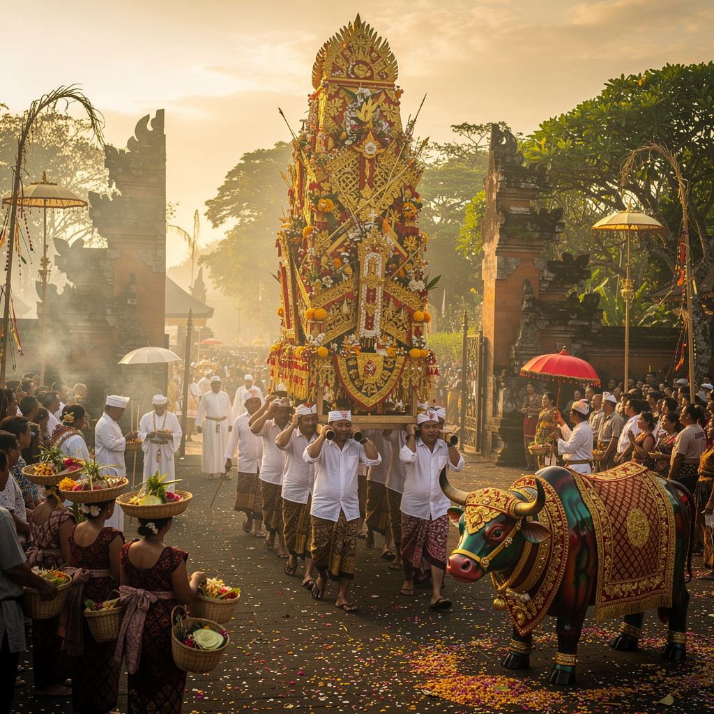 Upacara Ngaben di Bali dengan berbagai sesajen dan ornamen tradisional