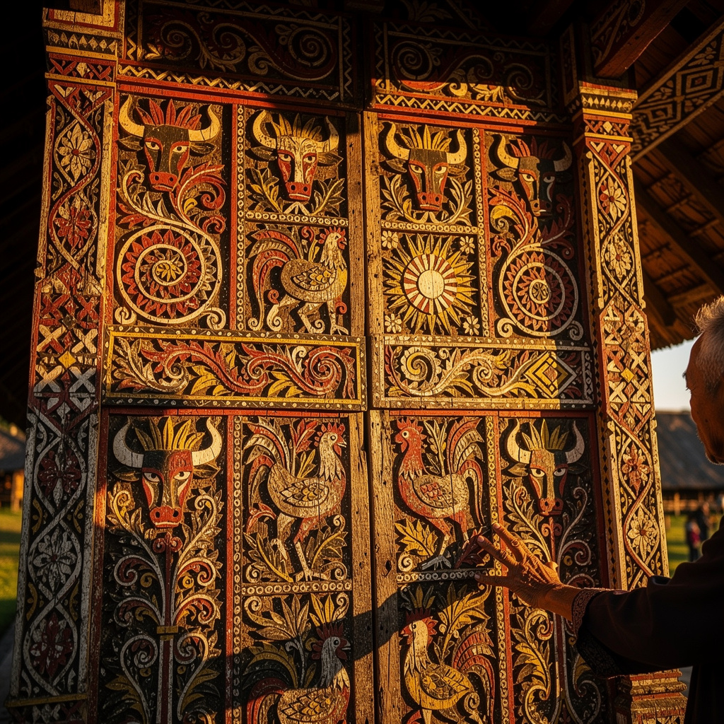 Detail ukiran Pa'ssura tradisional pada dinding
                        kayu rumah adat Tongkonan Toraja