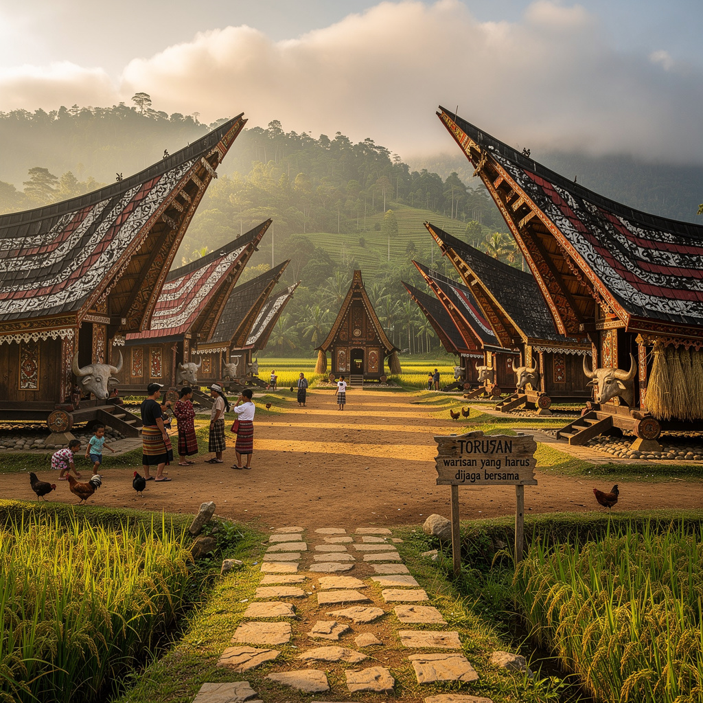 Panorama perkampungan Toraja dengan Tongkonan dan
                        lumbung padi yang saling berhadapan
