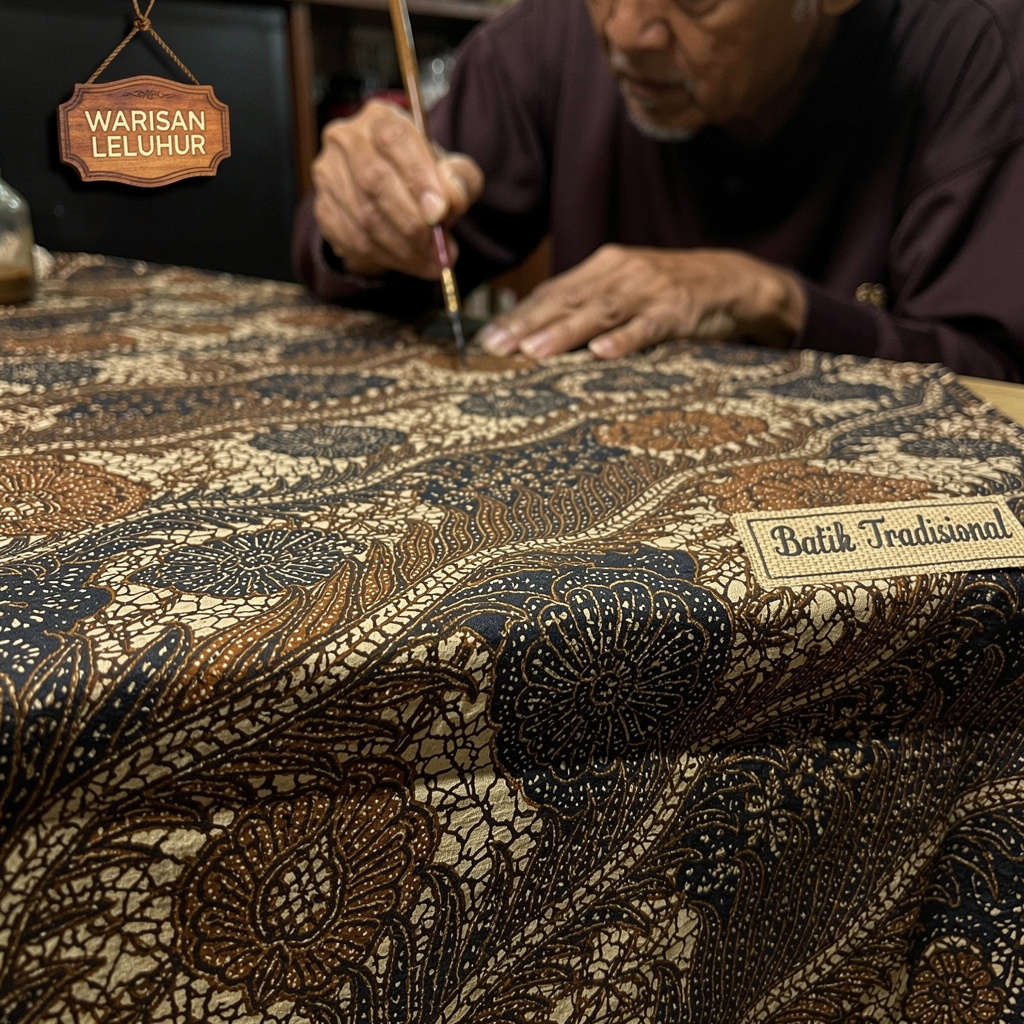 Detail motif batik tradisional Indonesia dilihat dari
                        dekat menampilkan kerumitan garis dan pola