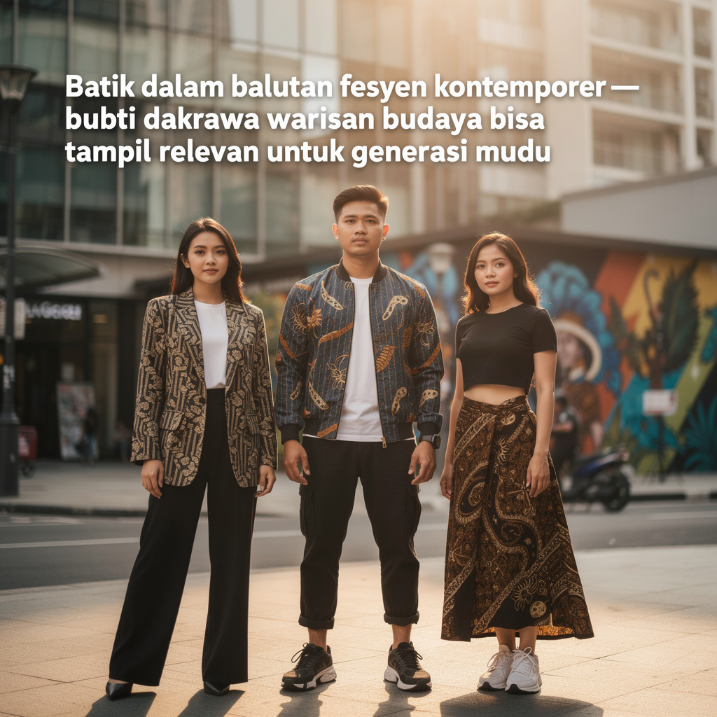 Anak muda mengenakan pakaian batik dengan gaya modern
                        dan kasual di suasana urban