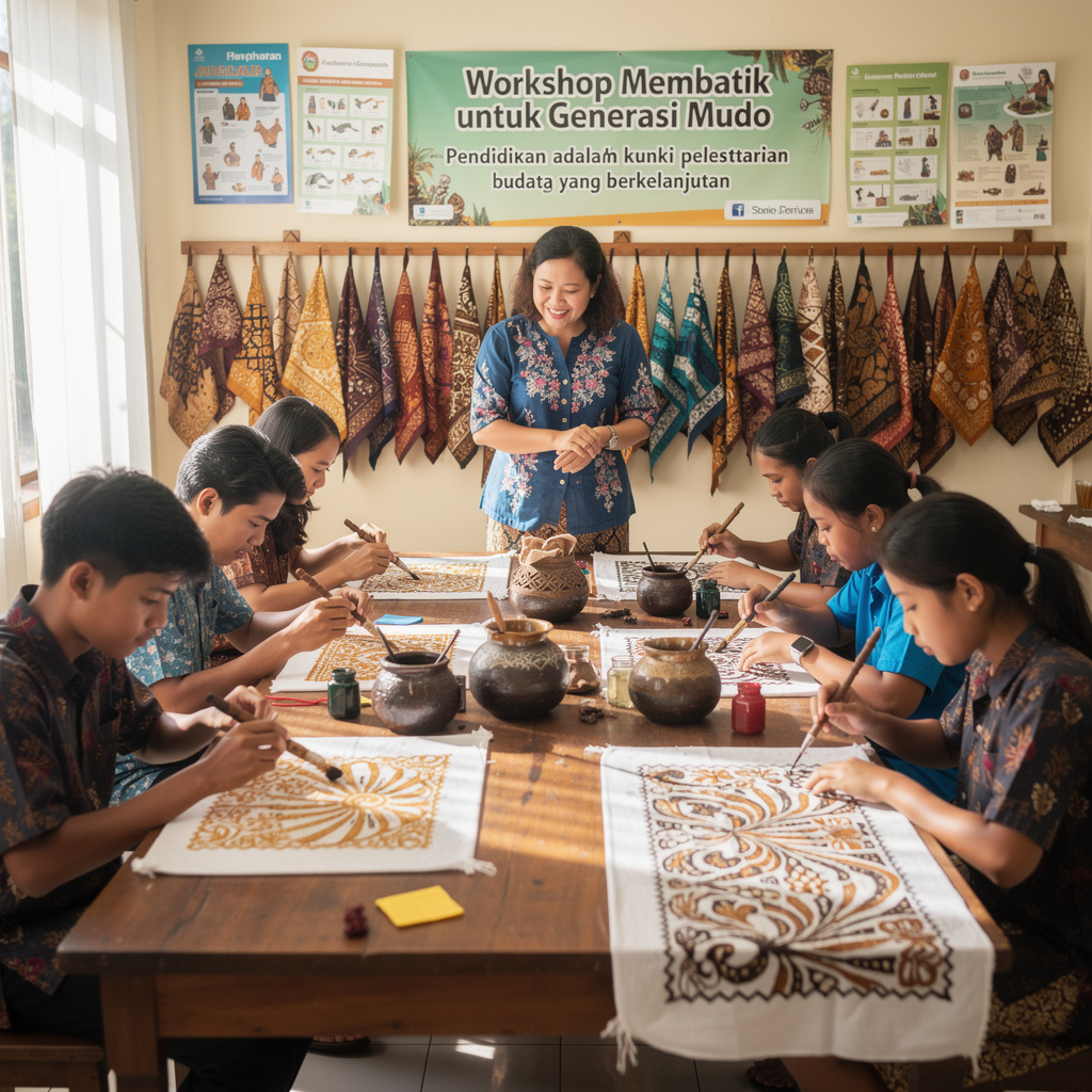 Sekelompok anak muda mengikuti workshop membatik
                        di ruangan kreatif