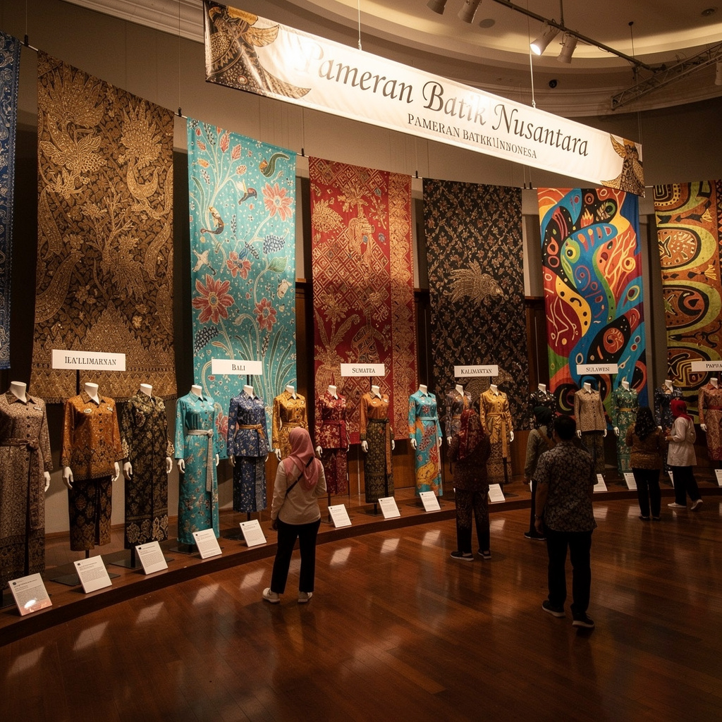Deretan kain batik berwarna-warni dipajang rapi
                        di sebuah pameran atau galeri batik
