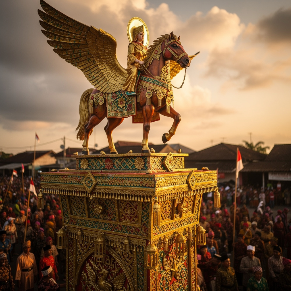 Detail ornamen Bouraq di puncak menara Tabuik dengan sayap berwarna-warni dan ukiran yang sangat halus