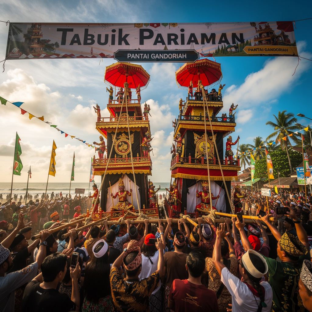 Festival Tabuik Pariaman dengan menara raksasa yang dibawa ke pantai