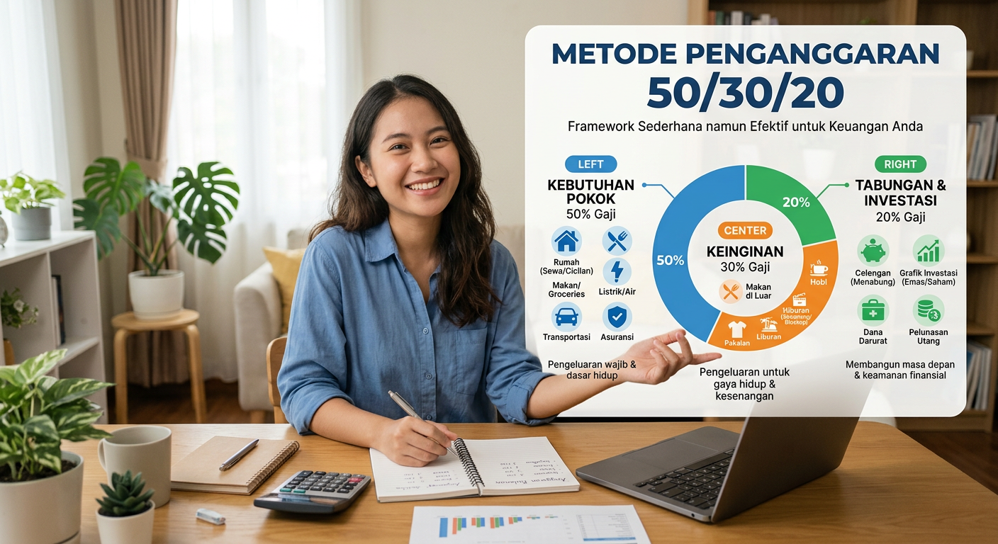 Diagram perencanaan anggaran keuangan dengan metode 50/30/20 pada kertas grafik