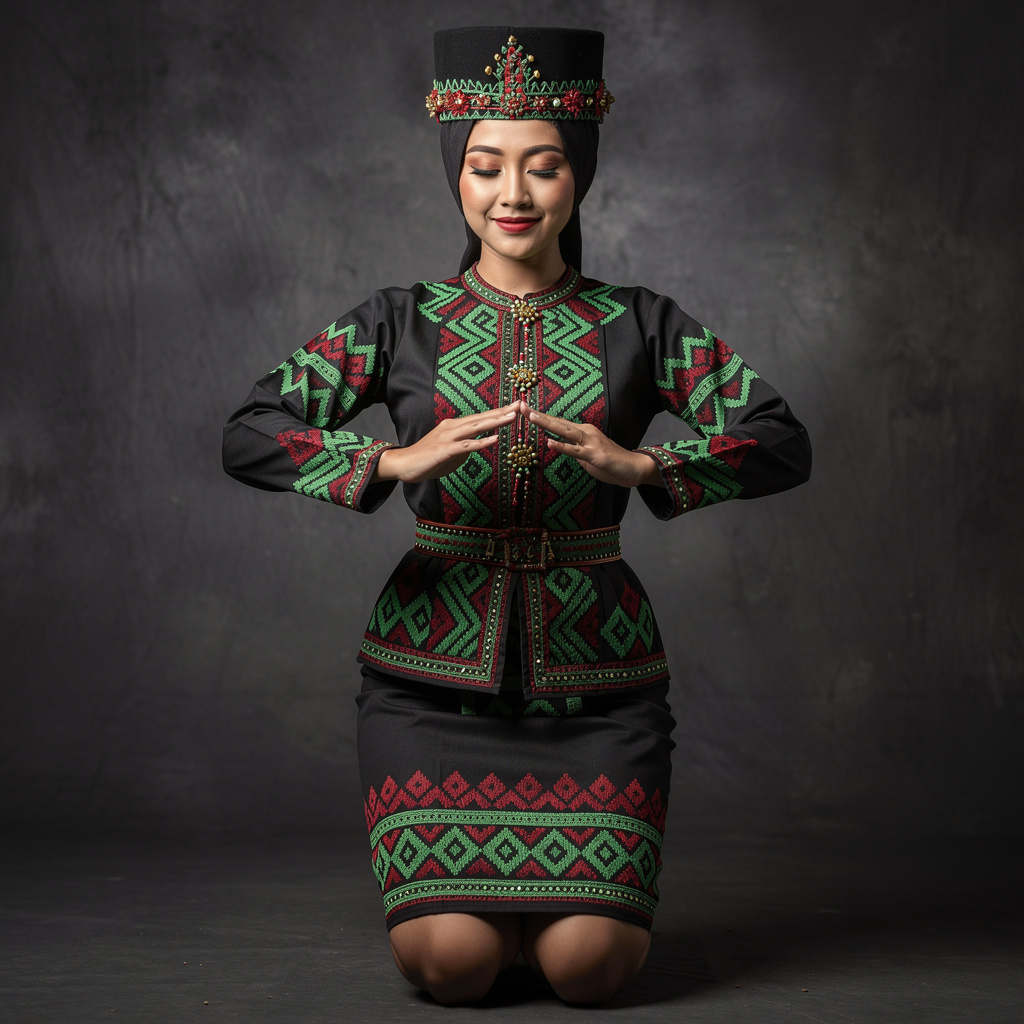 Kostum tradisional penari Saman Aceh berwarna hitam, hijau, dan merah dengan ornamen khas suku Gayo