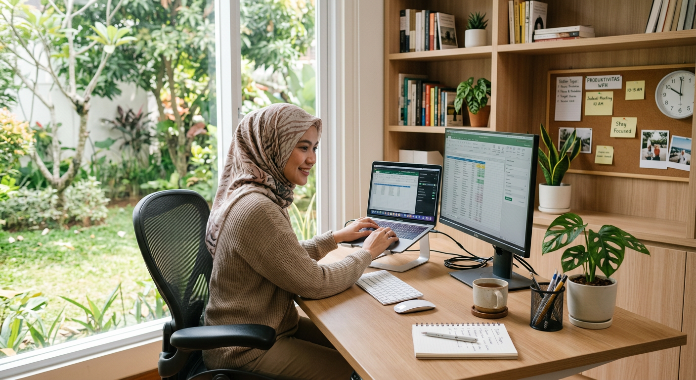Seseorang bekerja dari rumah
                          menggunakan laptop di meja rapi