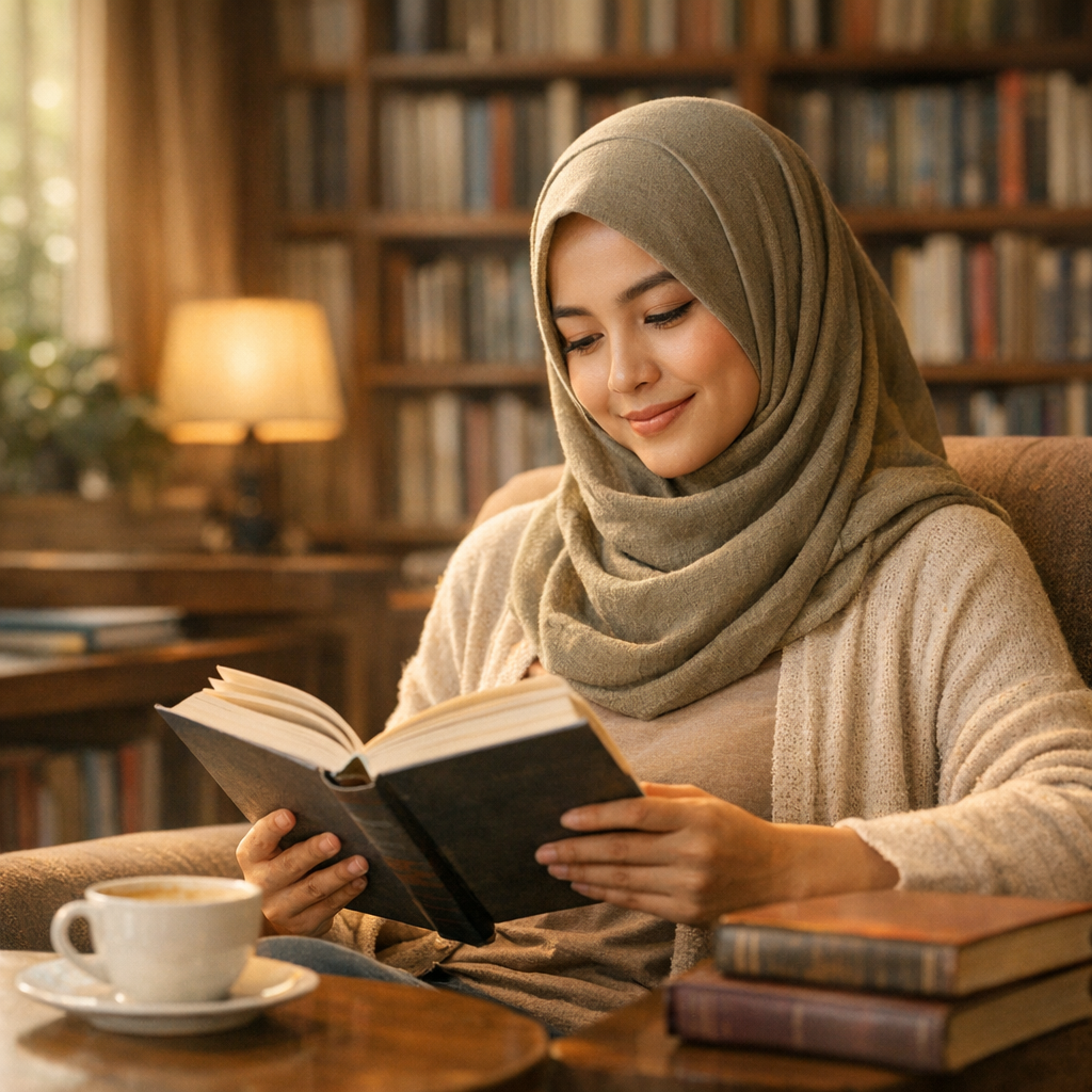 Tumpukan buku dengan kaca pembesar
                          di atasnya