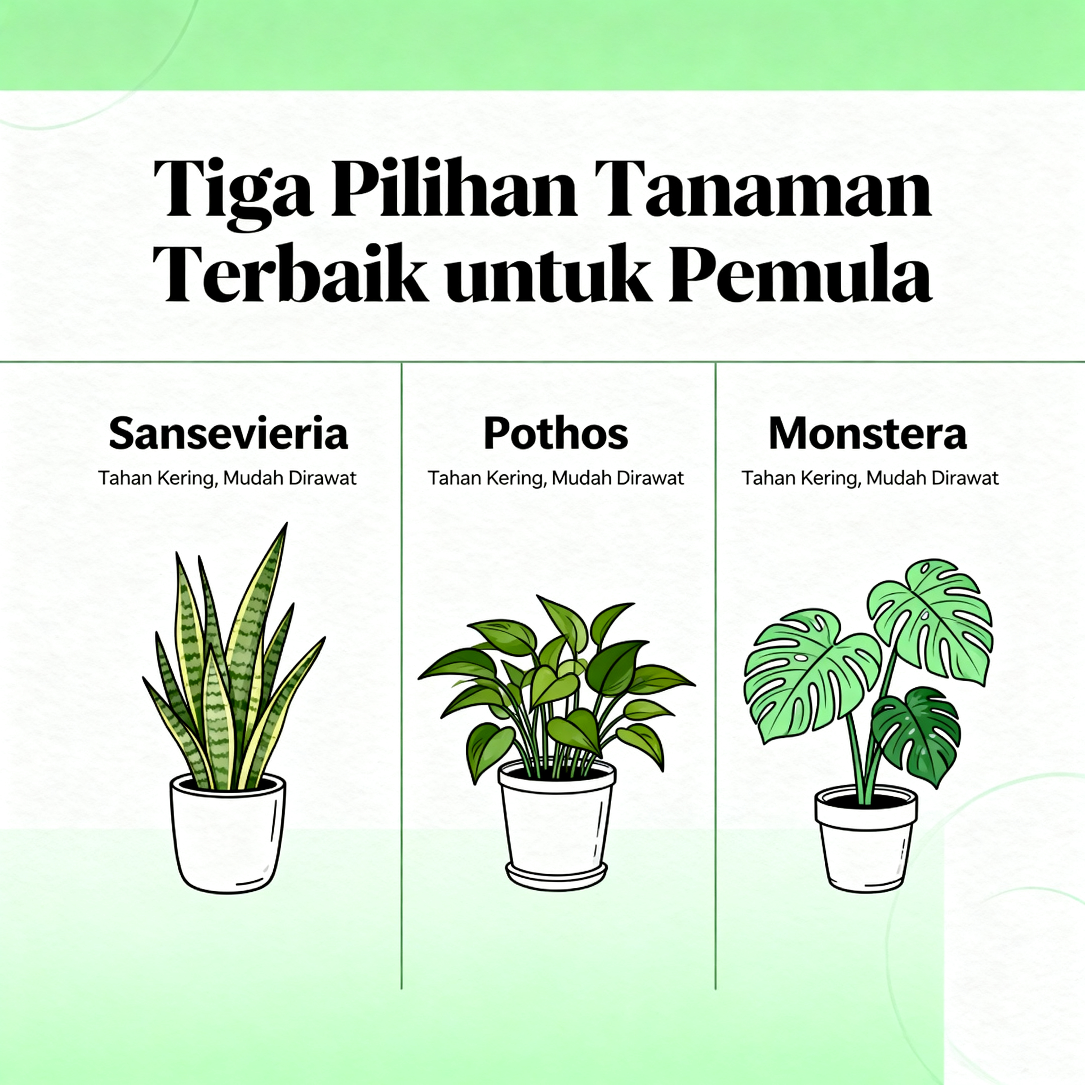 Sansevieria, Pothos, dan Monstera — tiga pilihan
                        tanaman hias terbaik untuk pemula