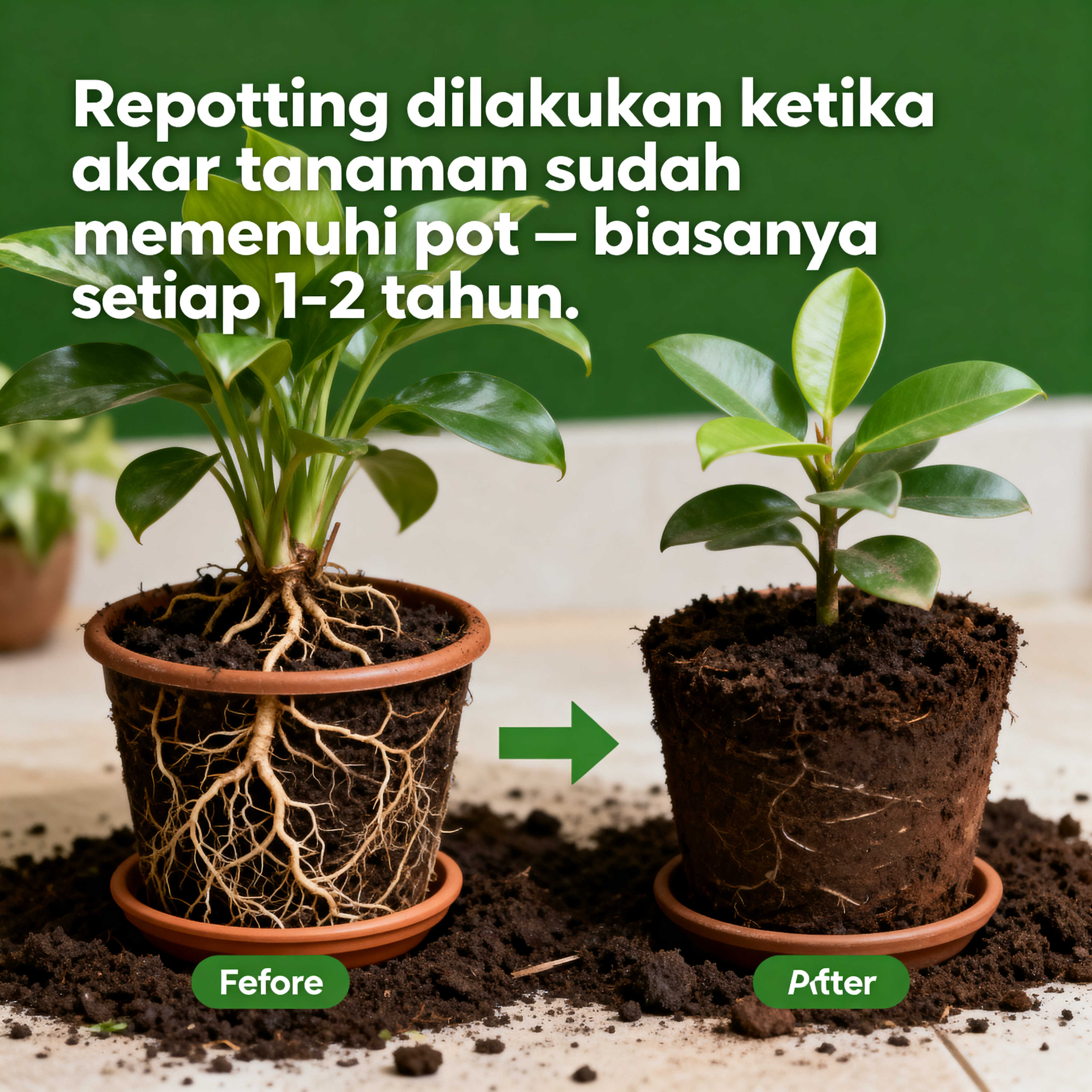 Proses repotting tanaman hias ke pot yang lebih besar
                        dengan media tanam baru