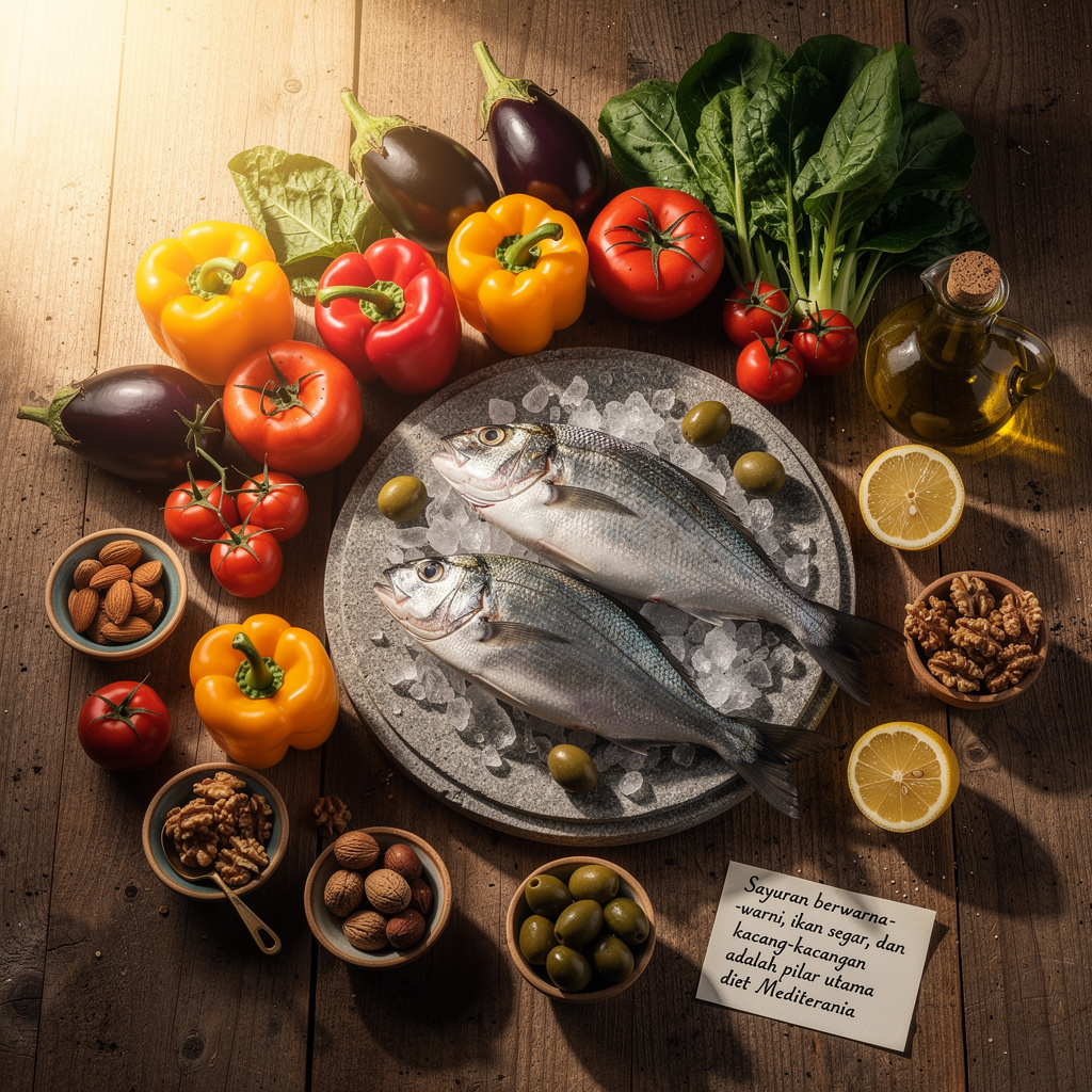 Sayuran segar, ikan, dan kacang-kacangan sebagai
                        komponen utama diet Mediterania