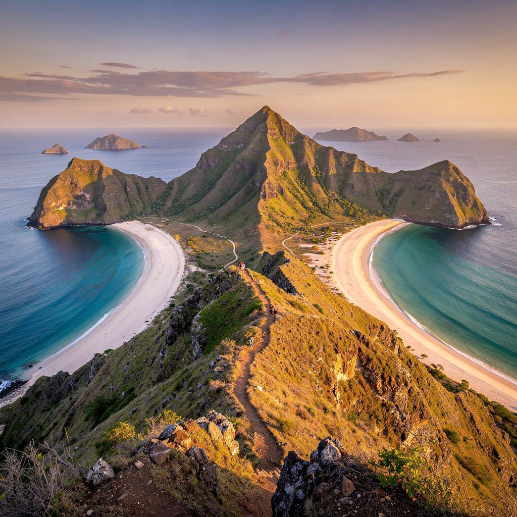 Pemandangan saat golden hour dengan cahaya matahari
                        keemasan yang indah di pegunungan