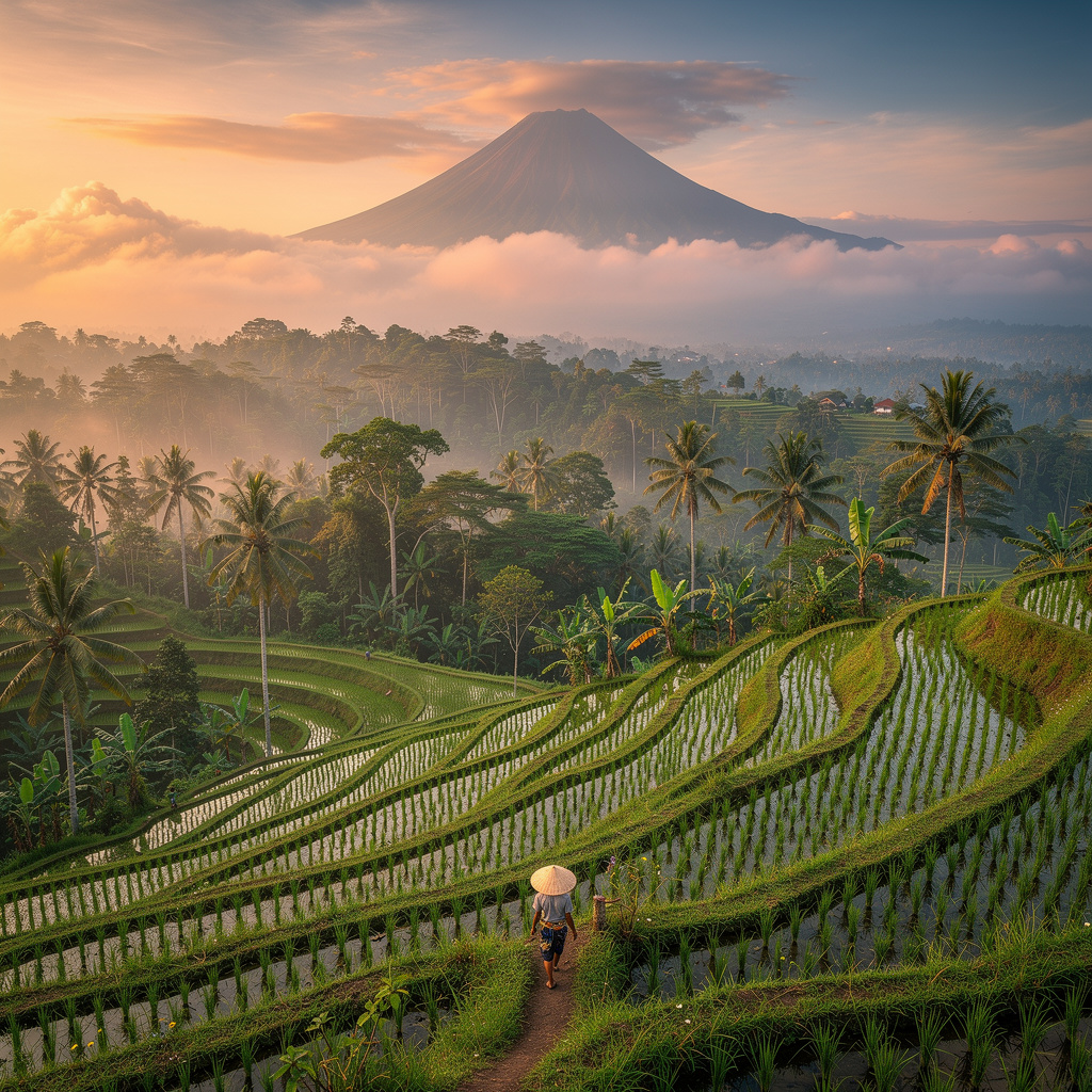 Pemandangan alam Indonesia yang indah
                          dengan sawah terasering hijau berlatar
                          pegunungan